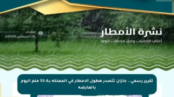 تقرير رسمي.. جازان تتصدر هطول الأمطار في المملكة بـ53.6 ملم اليوم بالعارضة